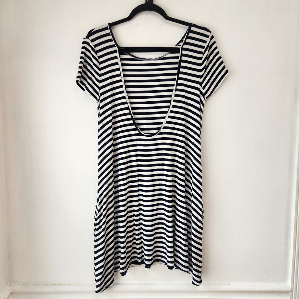 Lovers & Friends White Blue Striped Stretch Jersey Knit Open Back Shift Dress M - Picture 3 of 8